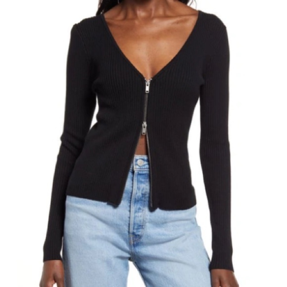 Open Edit Nordstrom Shrunken Zip Detail Cardigan In Black